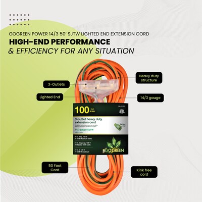 GoGreen Power 100' Indoor/Outdoor Extension Cord, 3-Outlet, 14 AWG, Orange (GG-15100)