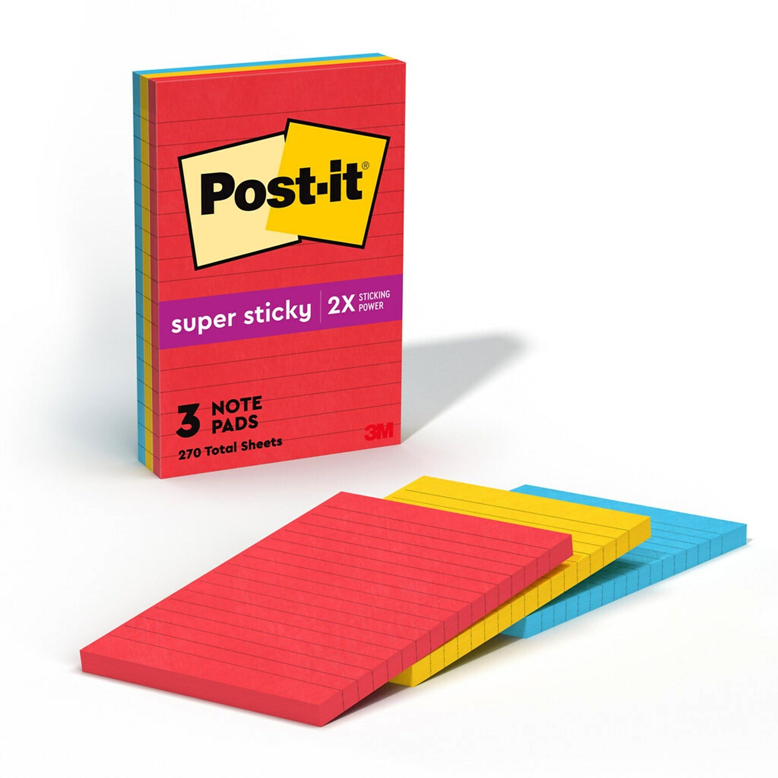 Post-it Super Sticky Notes, 4 x 6, Playful Primaries Collection, Lined, 90 Sheet/Pad, 3 Pads/Pack (6603SSAN)