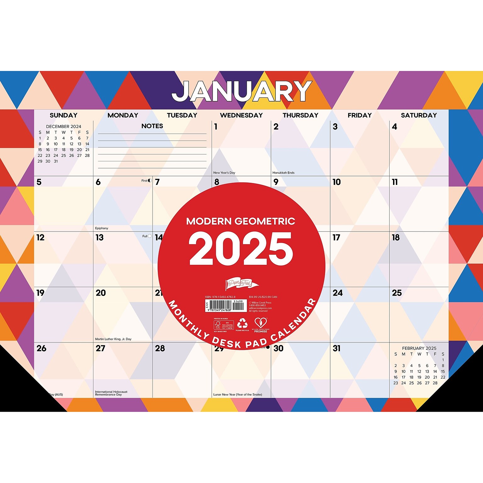 2025 Willow Creek Modern Geometric 17 x 12 Monthly Desk Pad Calendar (47828)