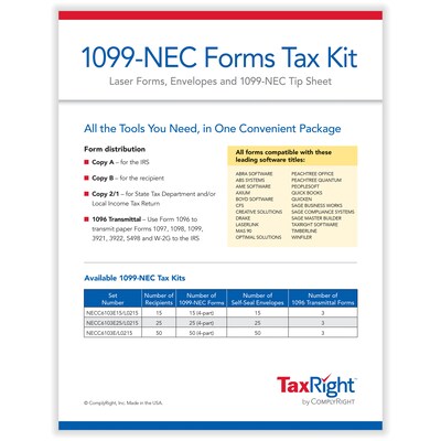 ComplyRight TaxRight 2024 1099-NEC Tax Form Tax Forms, Envelopes & TipSheet, 4-Part, 50/Pack (NECSC6