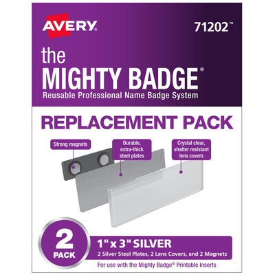 Avery The Mighty Badge Inkjet Reusable  Magnetic Name Badge Replacement Pack, 1 x 3, Silver, 2/Pack (71202)