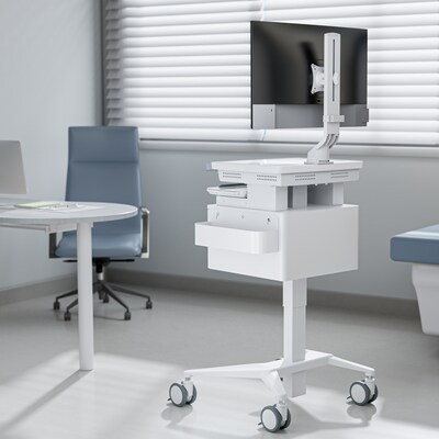 Mount-It! MedHub Mobile Medical Cart Workstation with Drawers, Monitor Mount, and Locking Caster Wheels, White/Grey (MI-16025)