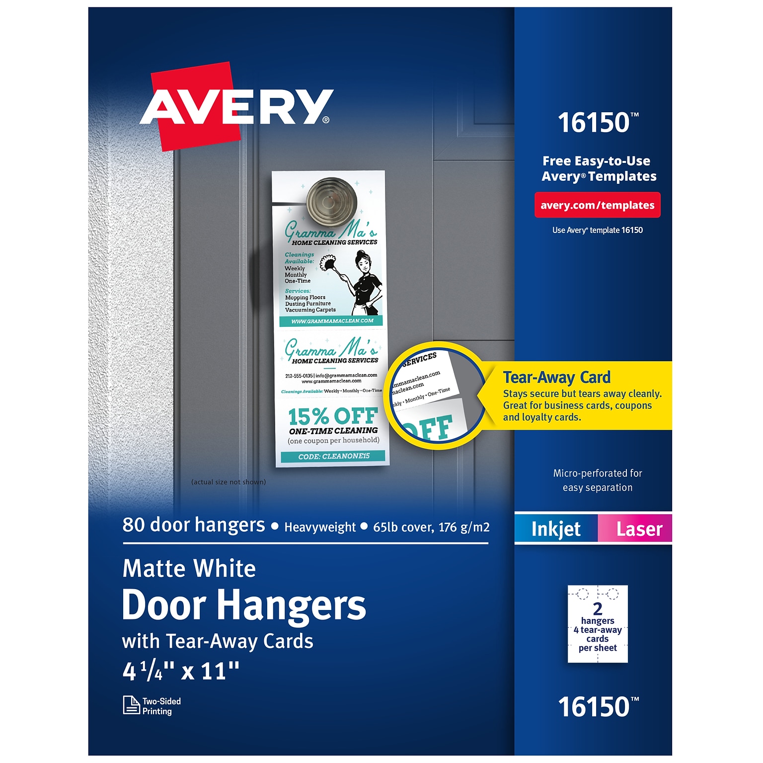 Avery Printable Door Hangers with Tear-Away Cards, 4 1/4 x 11, Matte White, Laser/Inkjet, 80/Pack (16150)