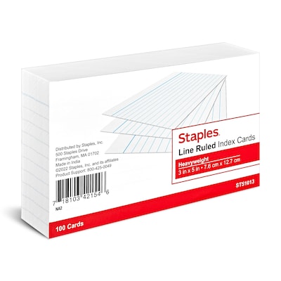 Staples Brand 3 x 5 Index Cards, Lined, White, 100/Pack (ST51013-CC)