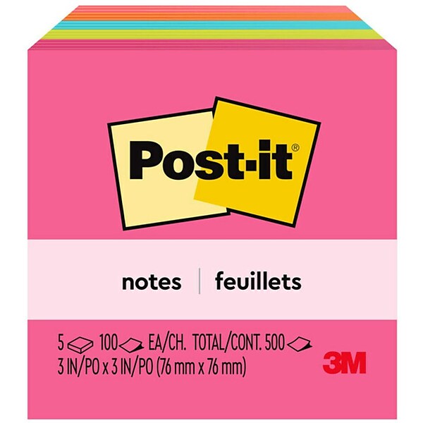 Post-it Sticky Notes, 3 x 3 in., 5 Pads, 100 Sheets/Pad, The Original ...