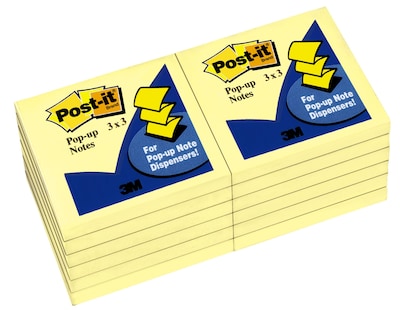Image of Post-it Pop Up Sticky Notes, 3 x 3 in., 12 Pads, 100 Sheets/Pad, Canary Yellow, The Original Post-it Note