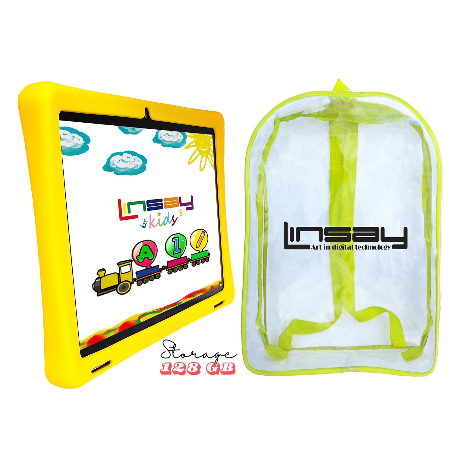 Linsay Octa Core 10.1 Tablet, 4GB RAM, 128GB Storage, Android 13, Bundled with Yellow Kids Defender Case, Backpack, Stylus Pen