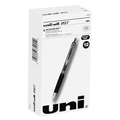 uniball 207 Retractable Gel Pens, Micro Point, 0.5mm, Black Ink, Dozen (61255)