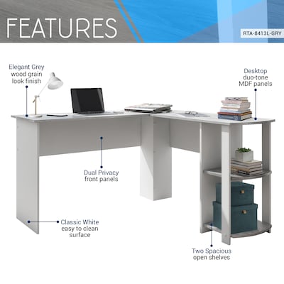 Techni Mobili 51" Mixed Materials L-Shaped Desk, Gray (RTA-8413L-GRY)