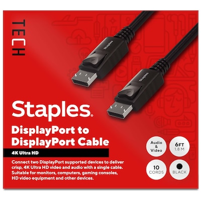 Staples TECH 6 ft. Display Port to Display Port Audio/Video Cable, Male to Male, Black, 10/Pack (ST6