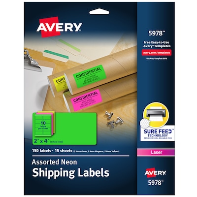 Avery Sure Feed Laser Shipping Labels, 2 x 4, Assorted Neon Colors, 10 Labels/Sheet, 15 Sheets/Pac