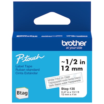 Brother P-touch Btag BTAG135 Label Tape, 1/2 x 13.1 (12mm x 4m), White on Clear (BTAG135)