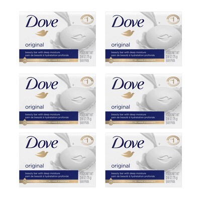 Dove Original Moisturizing Cream Beauty Bar Soap, 2.6 oz Bar, 6 Bars/Bag, 24 Bags/Carton