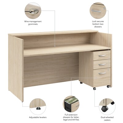 Bush Business Furniture Arrive 72"W Reception Desk with Shelf and Mobile File Cabinet, Natural Elm (ARV005NE)