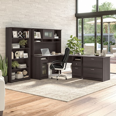 Bush Furniture Cabot L Shaped Desk with Hutch, Lateral File Cabinet and 5 Shelf  Bookcase, Heather Gr | Quill.com
