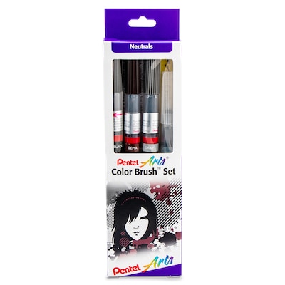 Pentel Arts Color Brush with Water-Based Ink, Medium Tip, Black, 3/Pack (PTAGFLBP101-3)