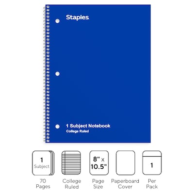 Staples 1-Subject Notebook, 8" x 10.5", College Ruled, 70 Sheets, Blue  (TR27500) | Quill.com