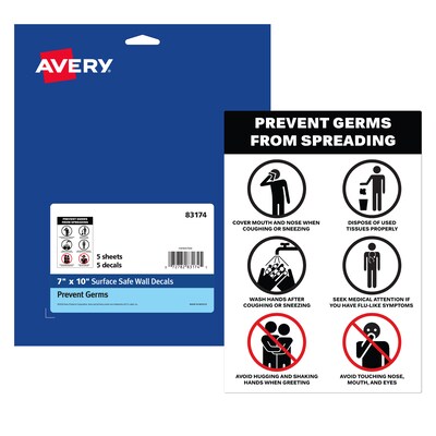 Avery Surface Safe "Prevent Germs from Spreading" Preprinted Wall Decals, 7" x 10", White/Black, 5/Pack (83174)
