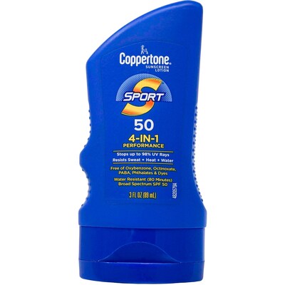 Coppertone Sport Sun Protection SPF 50 Lotion,  3 oz Travel Size Bottle, 8 Bottles/Bag, 12 Bags/Carton