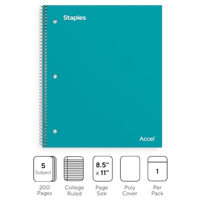 Staples Premium 5-Subject Notebook, 8.5 x 11, College Ruled, 200 Sheets, Teal (TR58320)