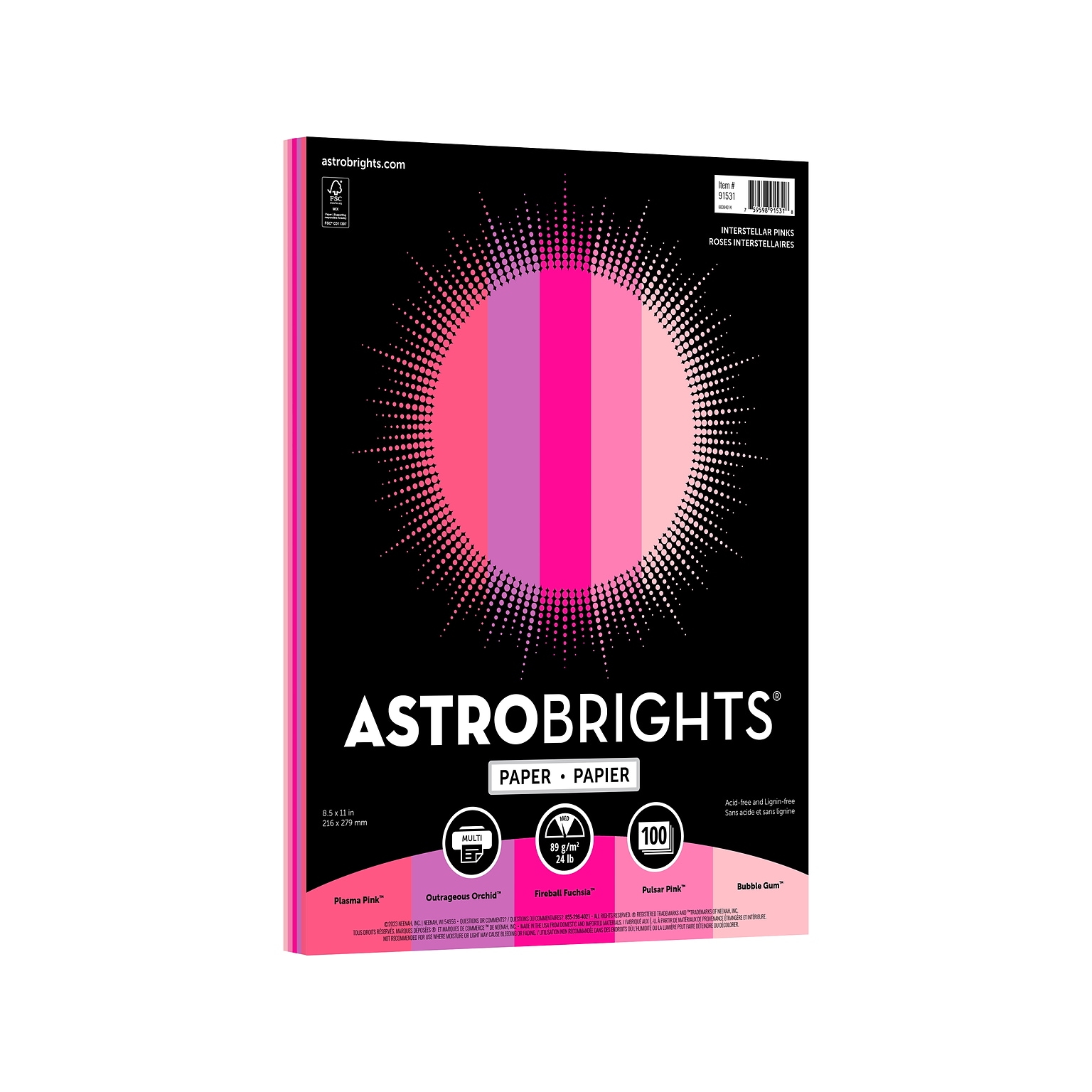 Astrobrights Interstellar Pinks 8.5 x 11 Color Printer Paper, 24 lbs., Assorted Colors, 100 Sheets/Ream (91531)