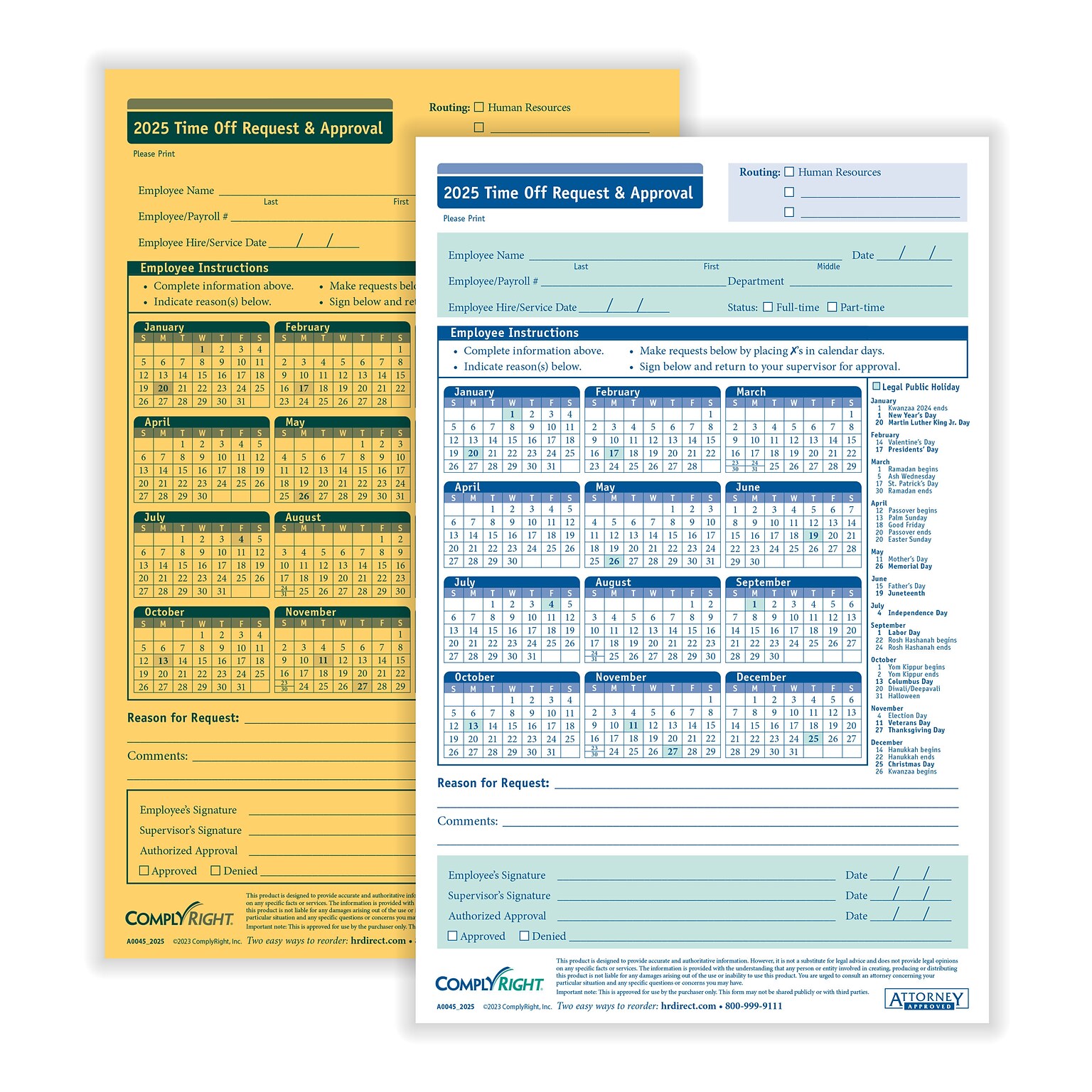 ComplyRight 2025 Time Off Request and Approval Form, 2-Part, 50 Forms/Pack (A0045)