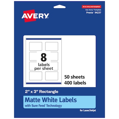 Avery Laser/Inkjet Rectangle Multipurpose Labels, 2 x 3, Matte White, 400 Labels/Box (94237)