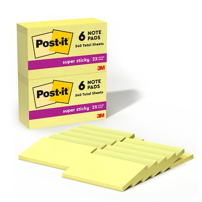 Post-it Super Sticky Notes, 3 x 5, Canary Collection, 90 Sheet/Pad, 12 Pads/Pack (65512SSCY)