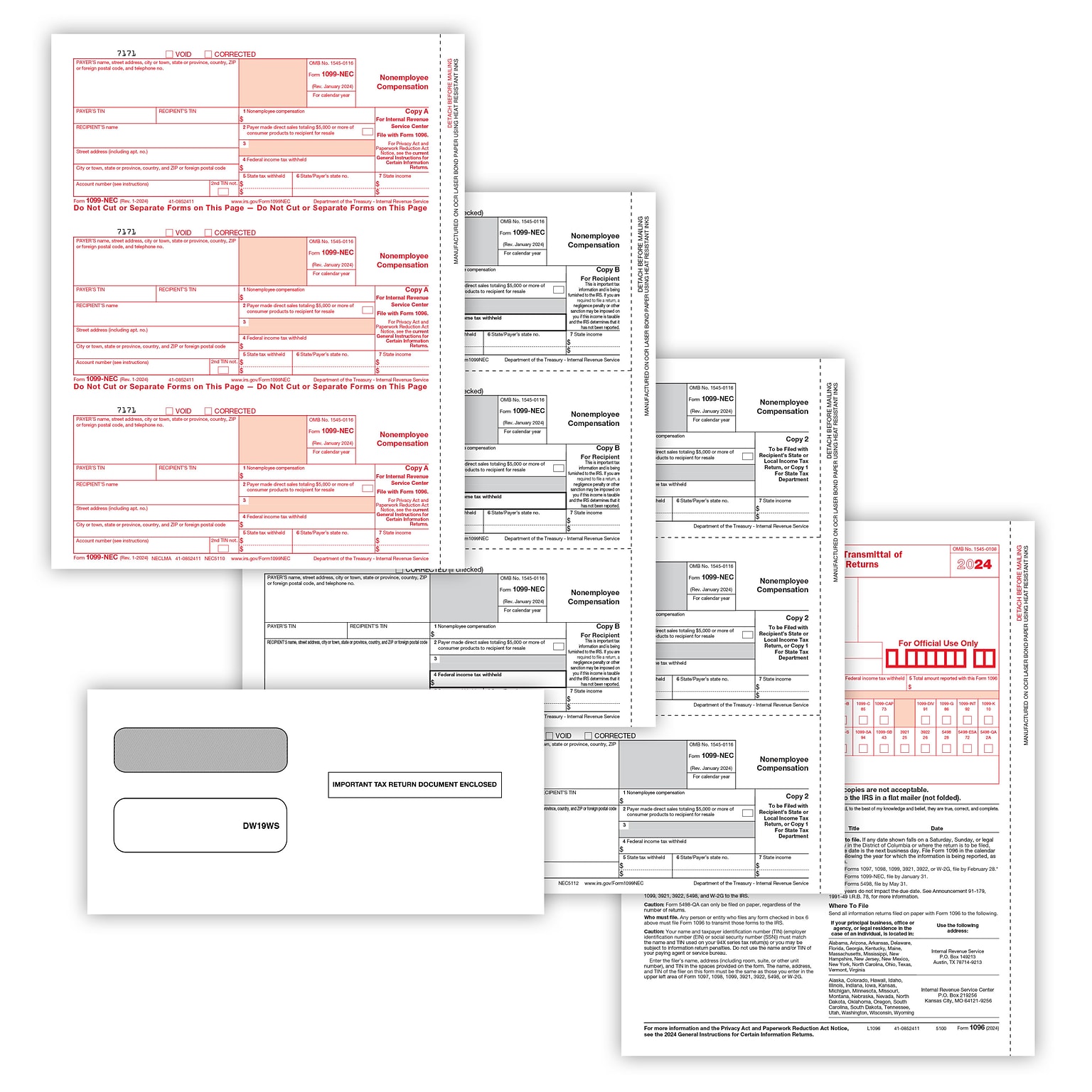 ComplyRight 2024 1099-NEC Tax Form Self-seal envelopes, 3-Part, 3-Up, Copy A, B, C/2, 1096 Transmittal, 100/Pack (NEC6102E100)