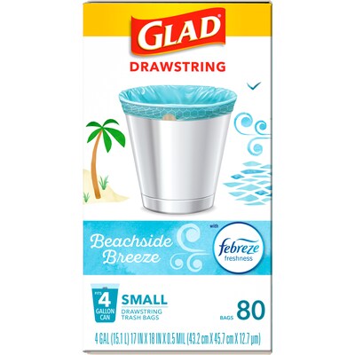 Glad Small Kitchen Drawstring Trash Bags, 4 Gallon, Blue, Febreze Beachside Breeze, 80/Box (79155)