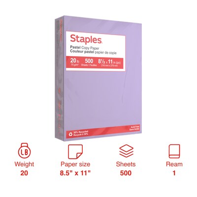 Staples® Pastel Multipurpose Paper, 20 lbs., 8.5 x 11, Lilac, 500/Ream (14782)