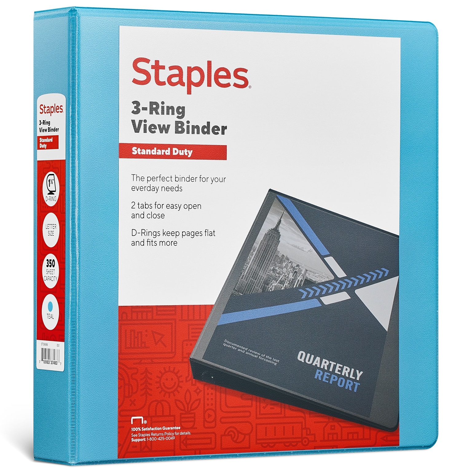 Staples® Standard 1.5 3 Ring View Binder with D-Rings, Teal (58652)