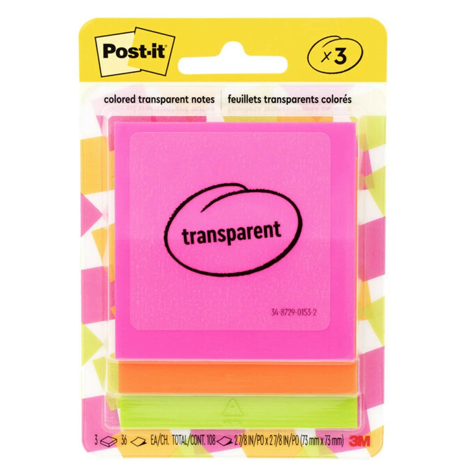 Post-it Transparent Notes, 2.8 x 2.8, Assorted Collection, 30 Sheet/Pad, 3 Pads/Pack (600-3COL)