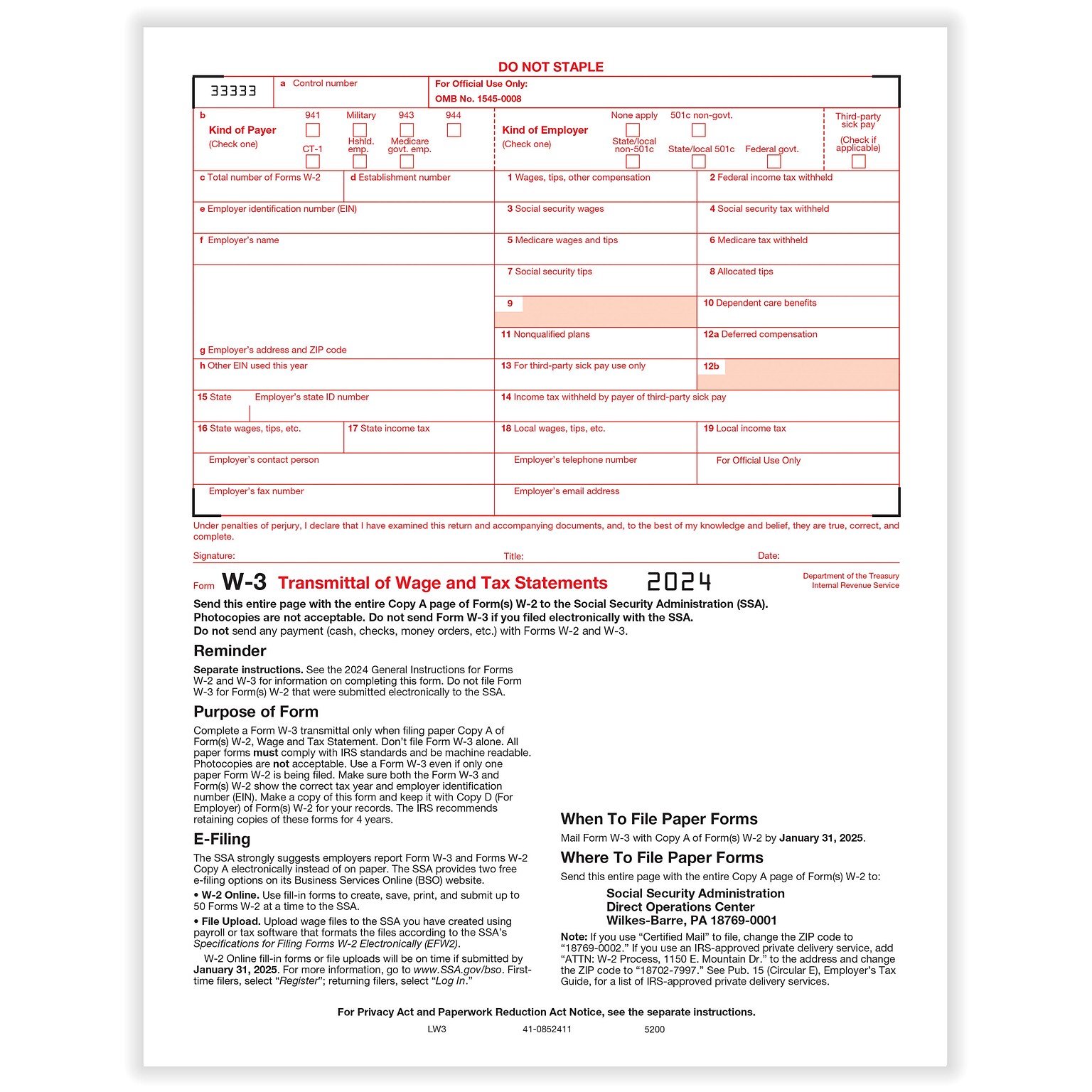 ComplyRight 2024 W-3 Tax Form, 1-Part, Transmittal, 10/Pack (520010)