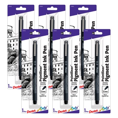 Pentel Arts Pointliner Pen, Black Pigment Ink, 6/Pack (PTAS20P3BPA-6)