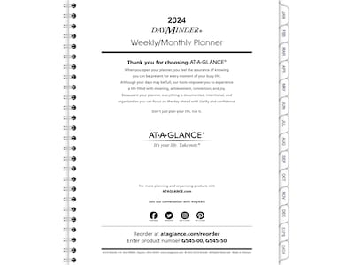 2024 AT-A-GLANCE DayMinder Executive 8.75 x 7 Weekly & Monthly Planner Refill, White/Gray (G545-50