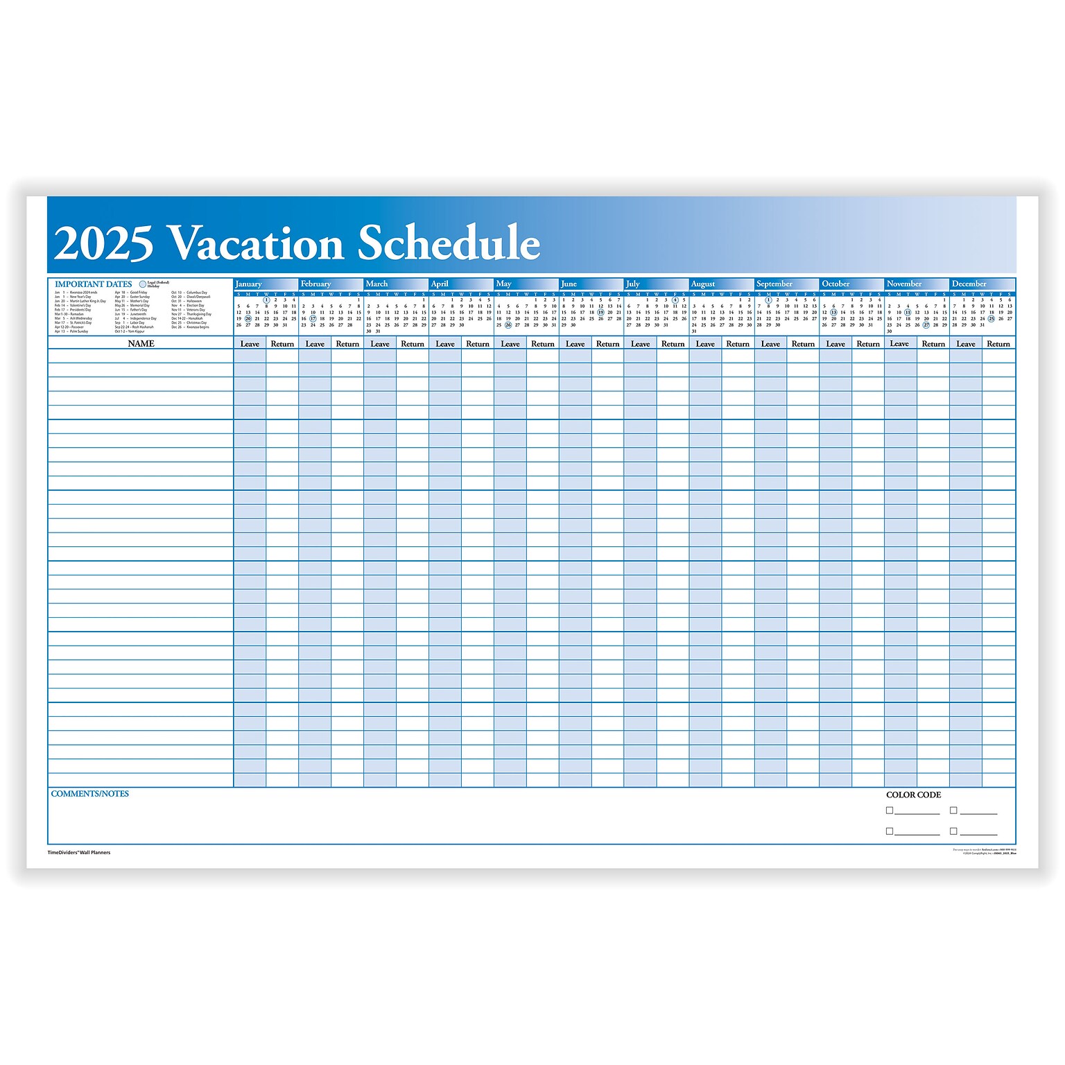 2025 ComplyRight Full Vacation Schedule 36 x 24 Yearly Dry Erase Wall Calendar, Blue/White (J0063)