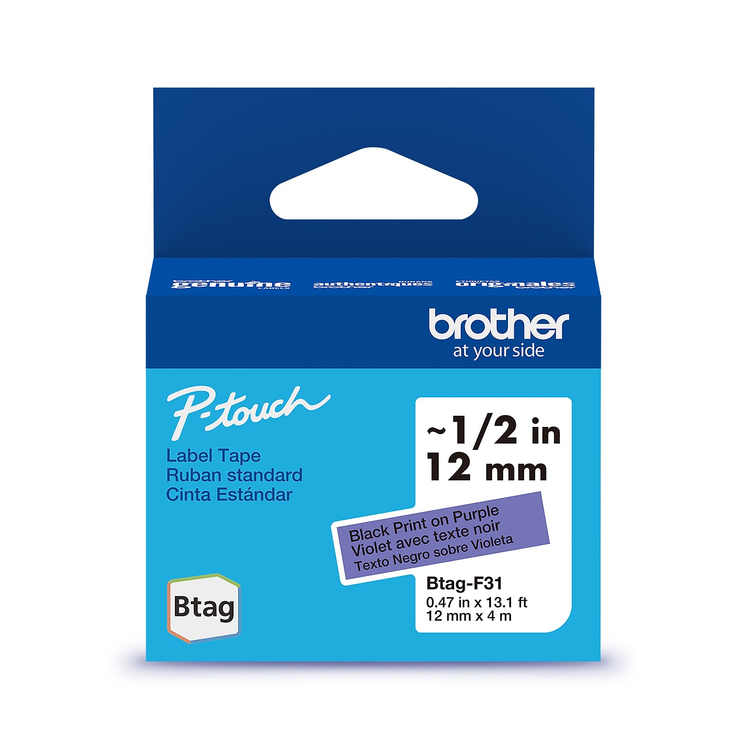 Brother P-touch Btag BTAGF31 Label Tape, 1/2 x 13.1 (12mm x 4m), Black on Purple (BTAGF31)