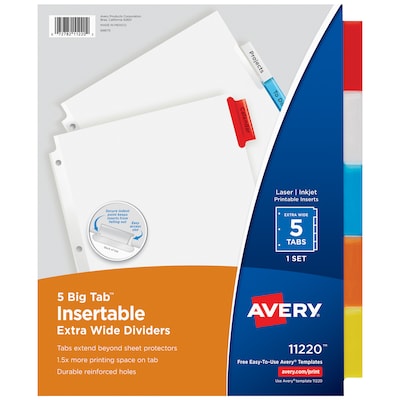 Avery Big Tab Extra-Wide Insertable Paper Dividers, 5 Tab, Multicolor, Clear Reinforced (11220)