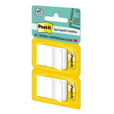 Post-it® Flags, 1 Wide, White, 2 Pads of 50, 100 Flags/Pack (680-WE2)