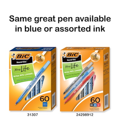 BIC Round Stic Xtra-Life Ballpoint Pen, Medium Point, Black Ink, 60/Pack (GSM609-BLK)