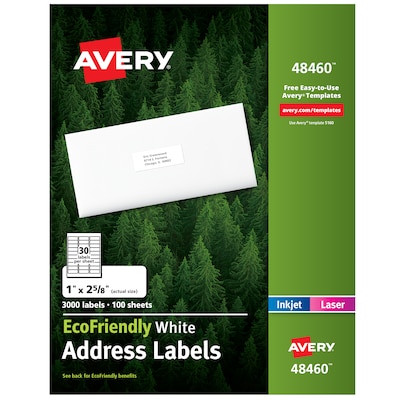 Avery EcoFriendly Laser/Inkjet Address Labels, 1 x 2-5/8, White, 30 Labels/Sheet, 100 Sheets/Box (