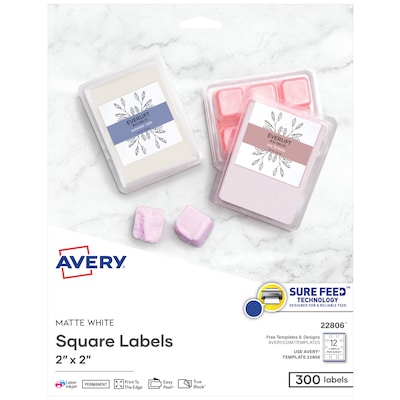Avery Print-to-the-Edge Laser/Inkjet Square Labels, 2 x 2, White, 12 Labels/Sheet, 25 Sheets/Pack,