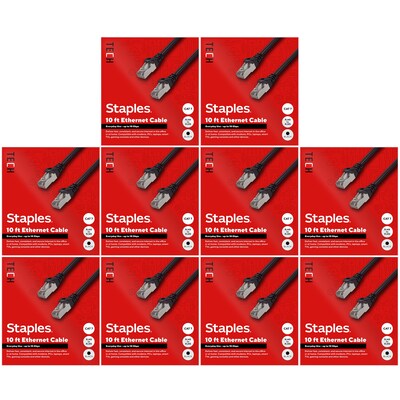 10 Pack- Staples TECH 10' Cat 7 Ethernet Cable, Male to Male, Black (ST62461)