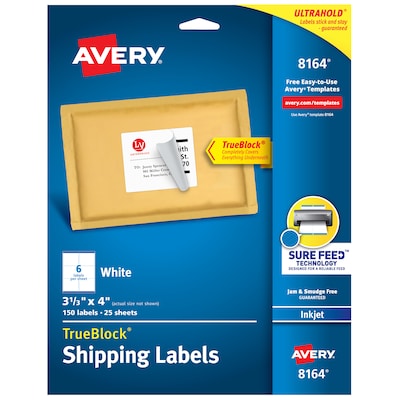 Avery TrueBlock Inkjet Shipping Labels, 3-1/3 x 4, White, 6 Labels/Sheet, 25 Sheets/Pack   (8164)