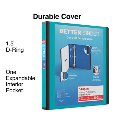 Staples® Better 1-1/2" 3 Ring View Binder with D-Rings, Teal (20245) |  Quill.com