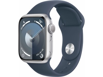 Apple Watch Series 9 (GPS) Smartwatch, 41mm, Silver Aluminum Case with Storm Blue Sport Band, S/M  (MR903LW/A)