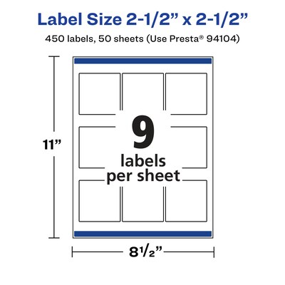 Avery Laser/Inkjet Square Glossy Labels, 2.5" x 2.5", Clear, 450 Labels/Box (94104)