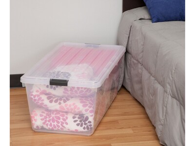 Iris Stackable Plastic Storage Box, 13" x 33.5" x 17.8", 91 Qt., Clear, 4/Pack (100201)