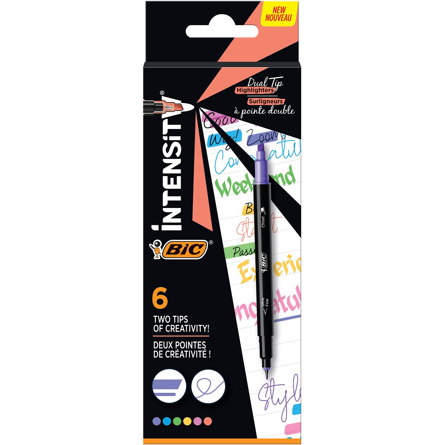 BIC Intensity Dual Tip Highlighter, Medium & Broad Point, Assorted Ink, 6/Pack (HLPDT6-AST)